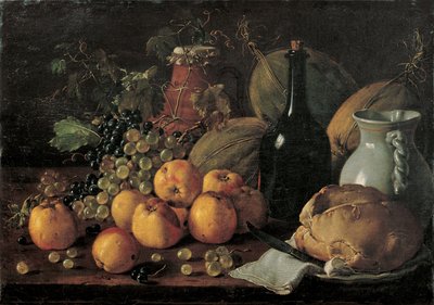 Nature morte avec pommes, raisins, melons, pain, cruche et bouteille - Luis Menendez or Melendez